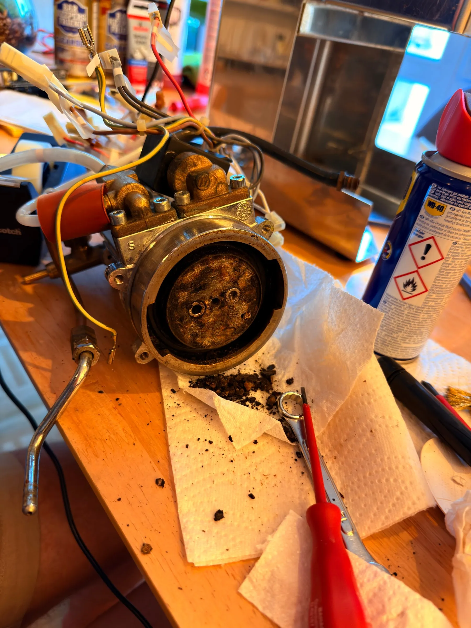 The boiler and group assembly on the evening of 17 July, just out of the machine, standing on kitchen paper with its labelled wires: the underside of the group caked in old coffee, black crumbs that fell out of it scattered on the paper
