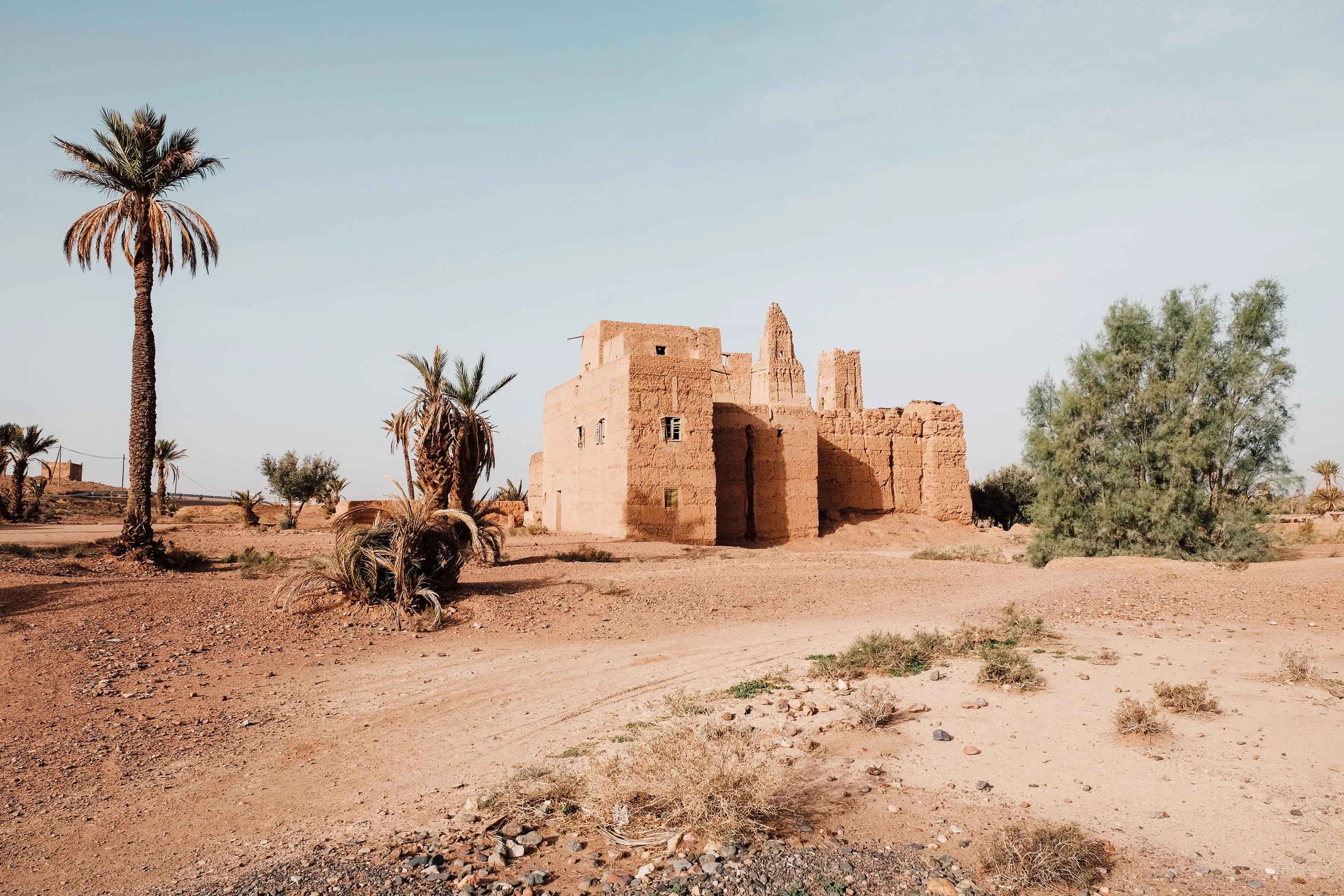 Ruined mud-brick kasbah with palm trees in the sandy desert