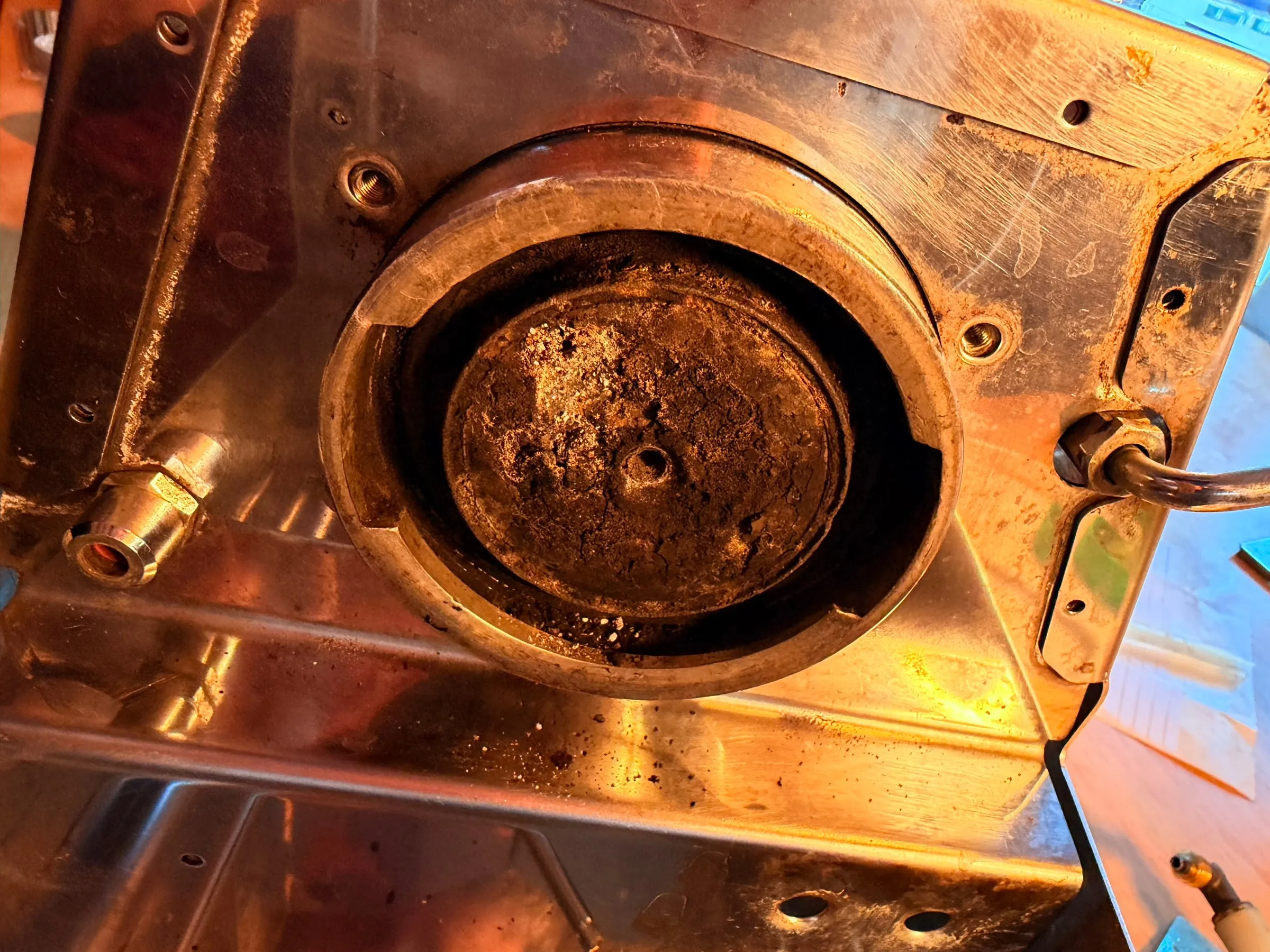 The brew group seen from below on teardown day with the shower screen removed: the holding plate is caked with a dark crust of old coffee