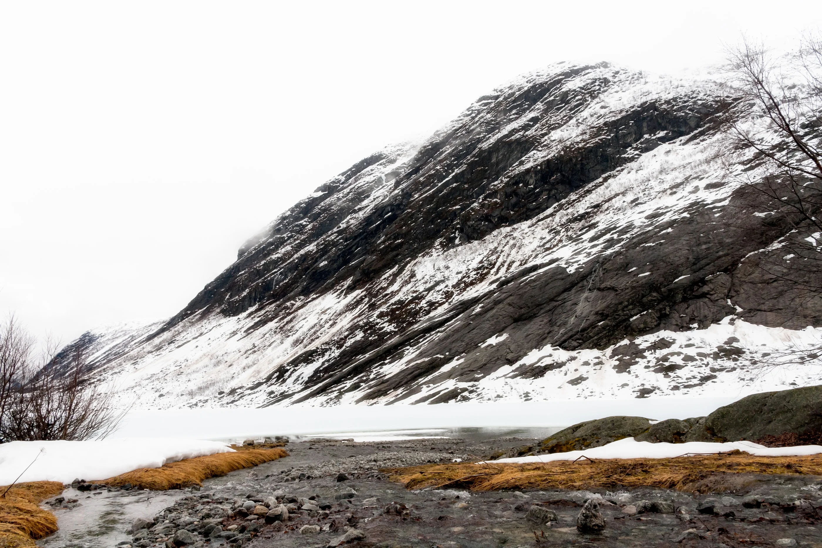 Snow-covered rock slope above a meadow of orange grass