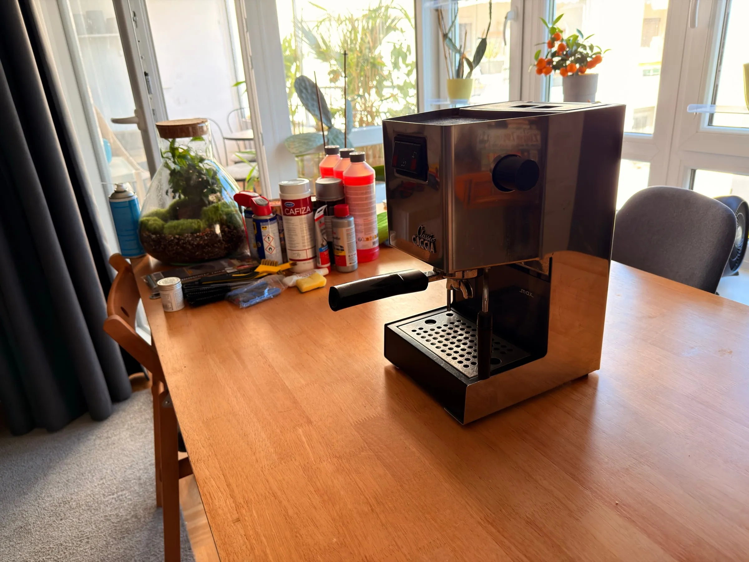 The Gaggia Classic on a wooden table before the teardown. Lined up behind it, next to a glass terrarium: spray cans of WD-40, a tub of Cafiza, three red bottles of descaler, a spray can with a grey cap, a small grey bottle with a red cap, a set of long brushes and a sponge