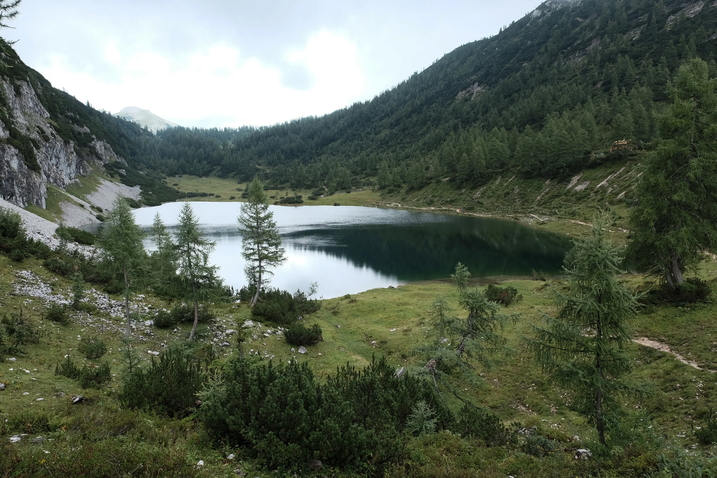 Mountain lake in a forested valley below rocky peaks